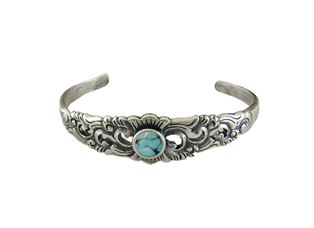 Sterling Silver Detailed Cuff Bracelet With Chinese Turquoise